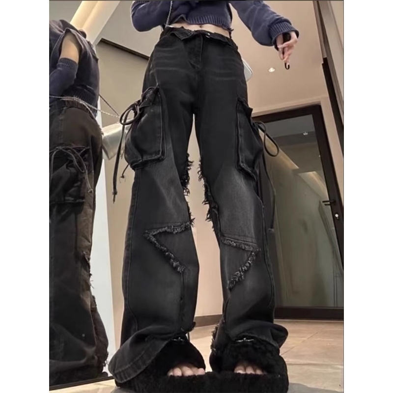 Womens Black Gothic Baggy Cargo Jeans with Star Haruku Y2k 90s Aesthetic Denim Trousers Emo 2000s Jean Pants Vintage Clothes 240806CJ