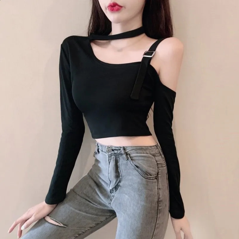 Sexy Fashion Korean Edition Irregular Hanging Neck Off Shoulder Sexy Slim Fit Off Navel Long sleeved T-shirt 240810