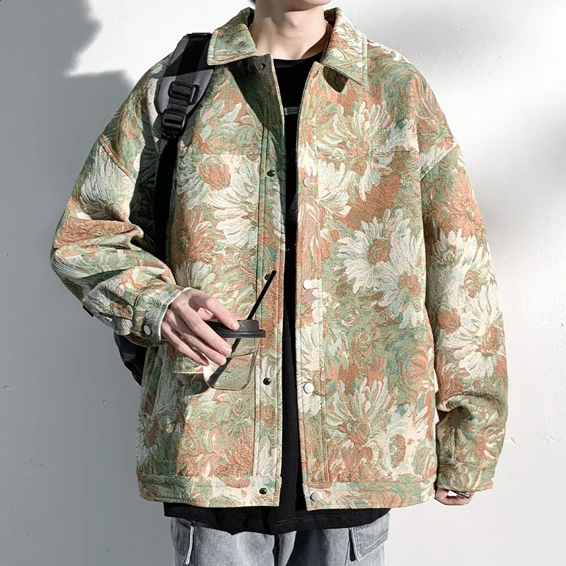 Spring Japanese Fashion Denim Jacket Men Women Lapel Full Flower Print Cowboy Coats Casual Unisex Oversize Outwear Streetwear 240816