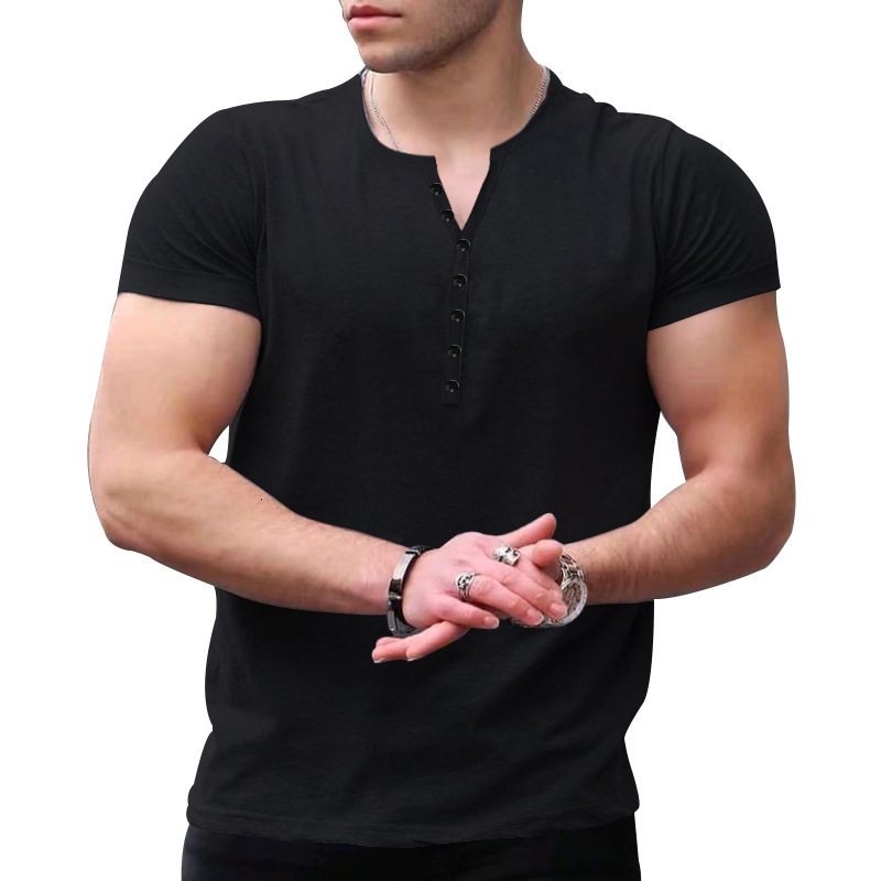 24ss Mens Summer New Mens Henley Shirt Solid Color Button Mens Short Sleeve T-shirt