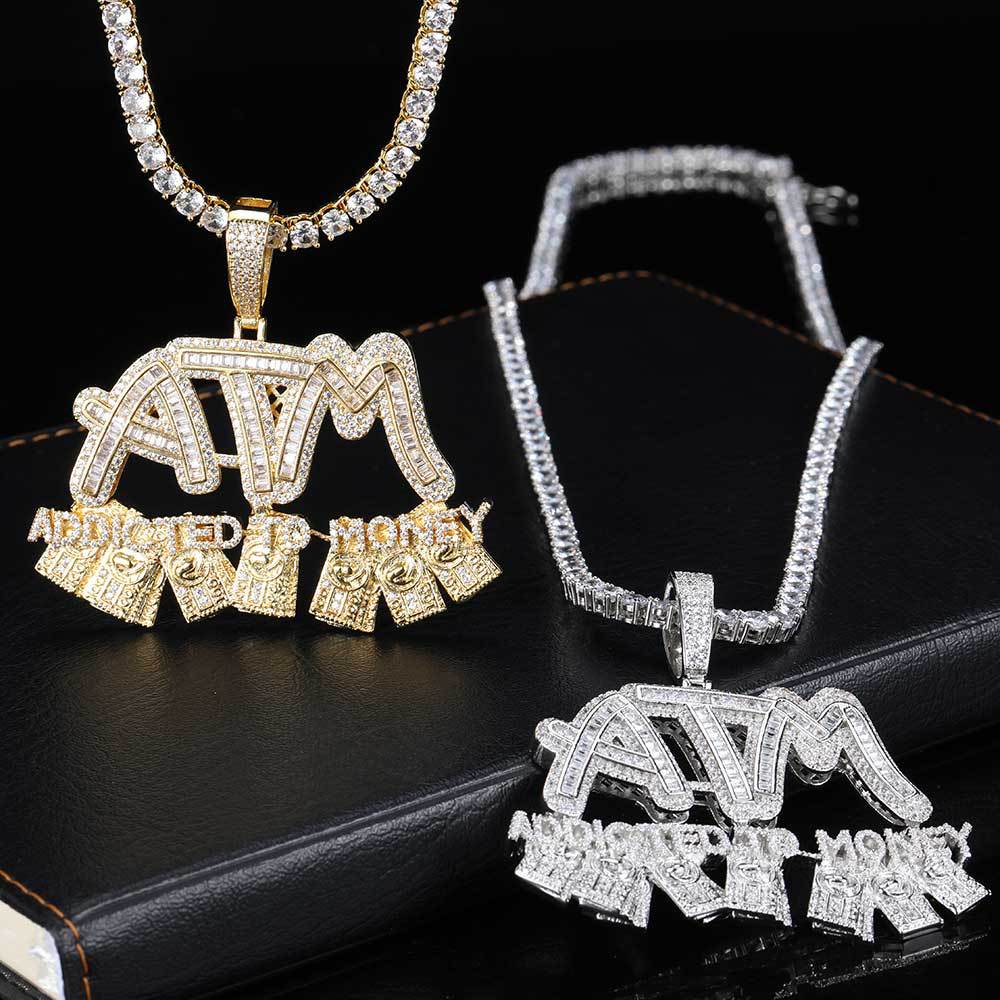 Charm ATM Dollar Letters Pendants Necklace 18K Gold Plated Men T Zircon Rap Jewelry