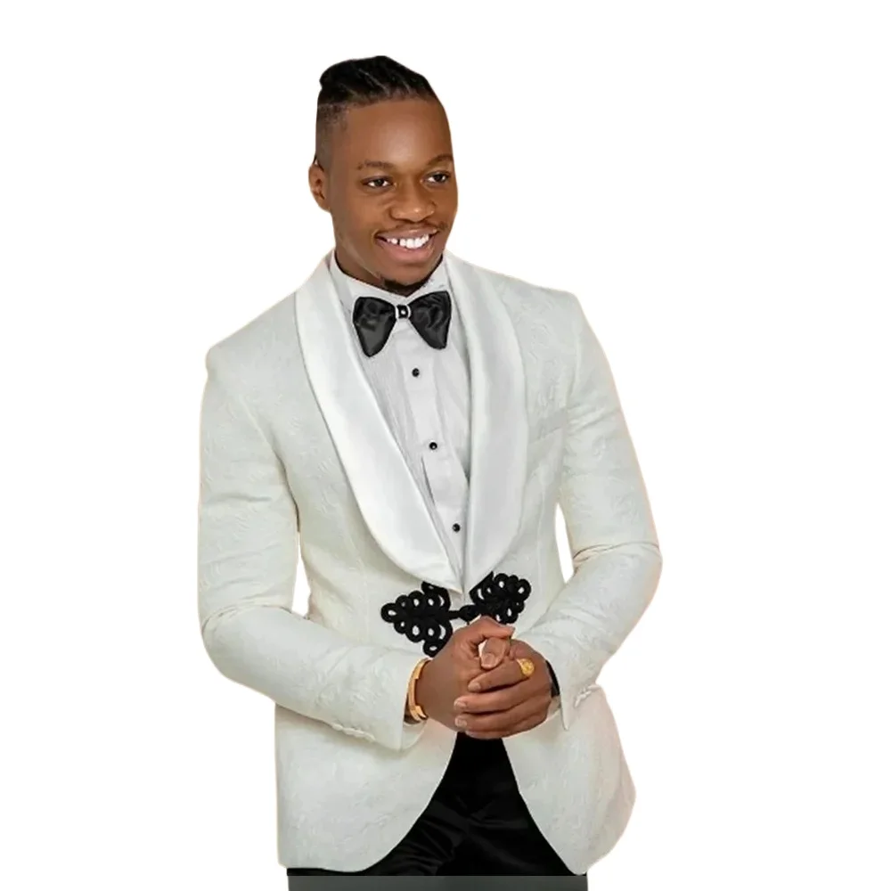 1 Pc Men Suit Jacket with Mandarin Button Shawl Lapel Slim Fit Fashion Floral Wedding Tuxedo Blazer African Style Male Suit 2024