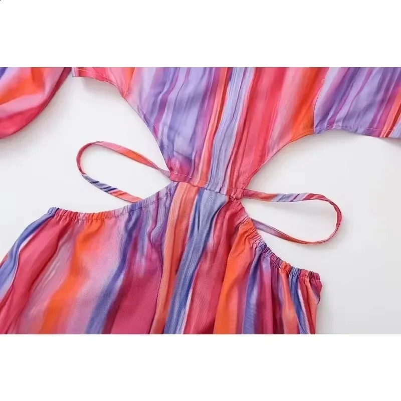 Elegant Backless Tie Dye Maxi Dresses for Women Round Necked Half Sleeve Hollow Out Long Dress Summer Chic Beach Female Vestidos 240810