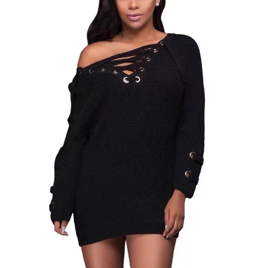 New streetwear fashion women's sexy chest cross thick strap loose mid length knit sweater dongdumaoyi