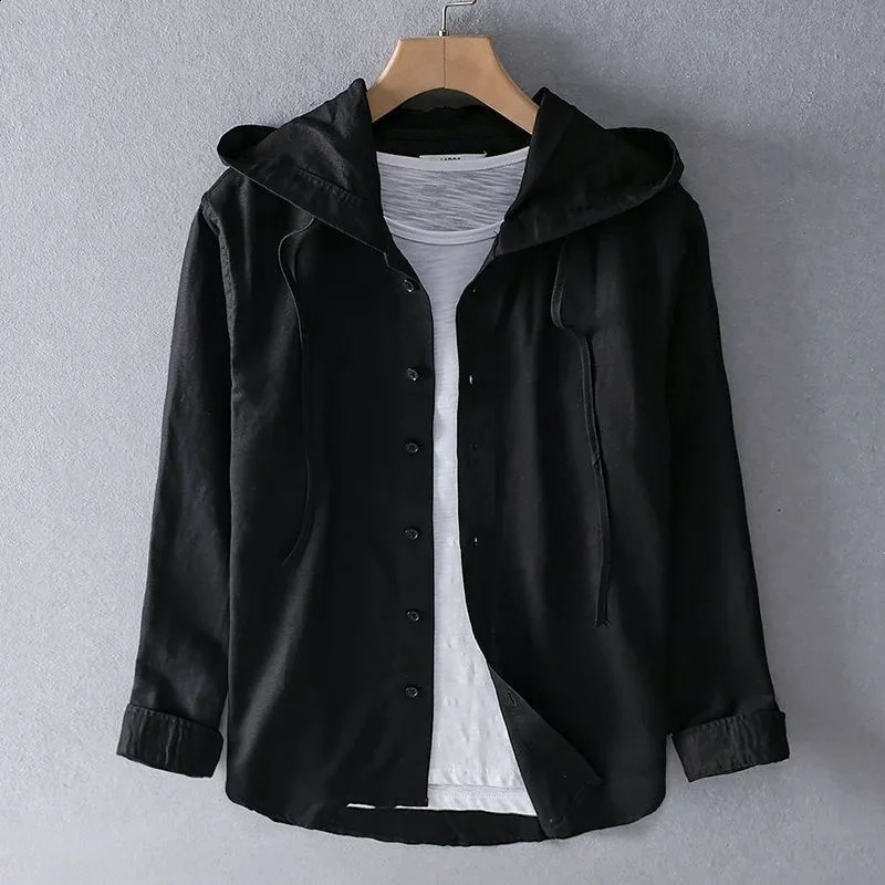 summer hooded long sleeve Linen Shirt mens thin loose fashion cotton linen shirt clothing shirts for men 240810
