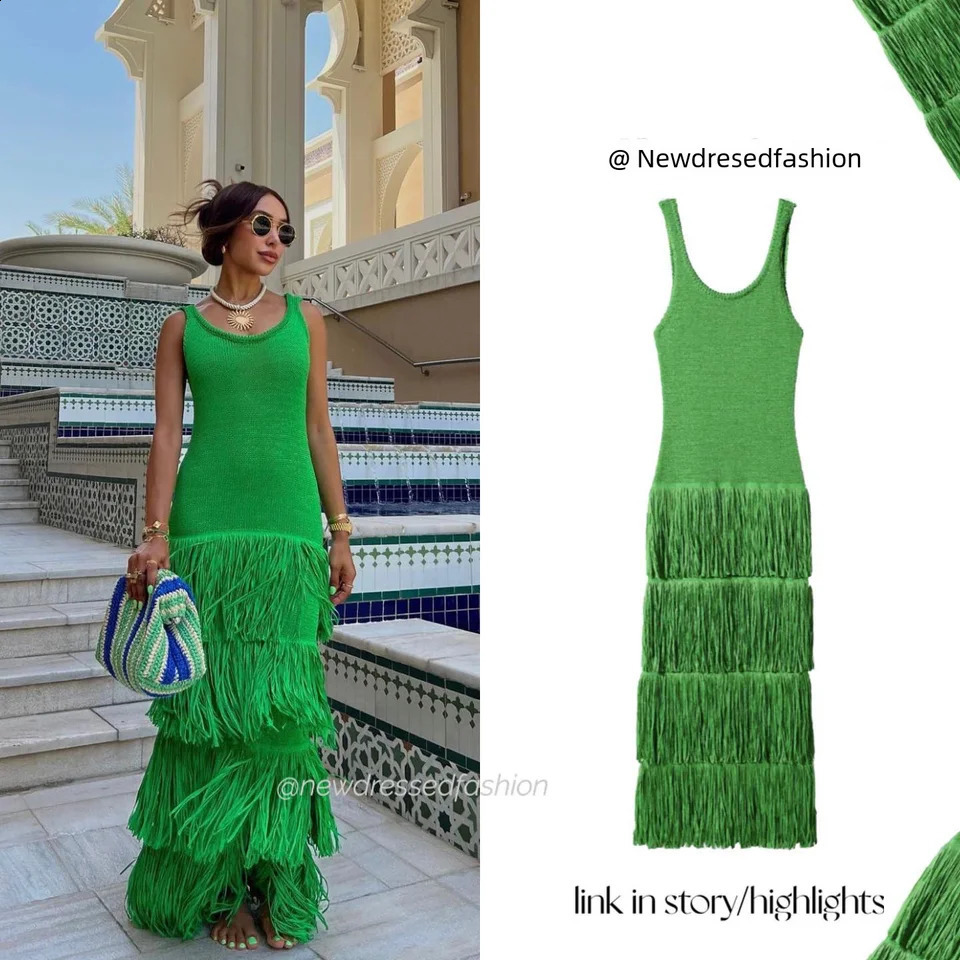 Summer Solid Color Knitted Fringed Tank Dress Sleeveless Womens Dresses Fashionable Elegant Ladies Party Dress 240810