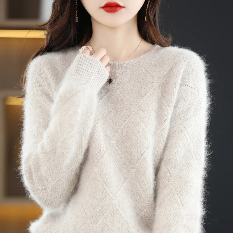 100% mink cashmere sweater Womens knitting sweater O-neck long sleeve pullover Autumn and winter clothing warm top 240809
