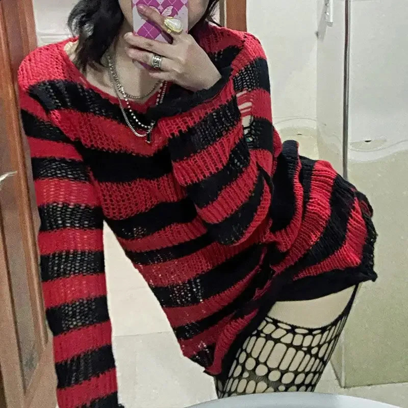 Over Size Grey Striped Gothic Lolita Sweaters Women Ripped Holes Loose Knitted Y2k Hollow Out Broken Emo Punk JK Girl Streetwear 240812