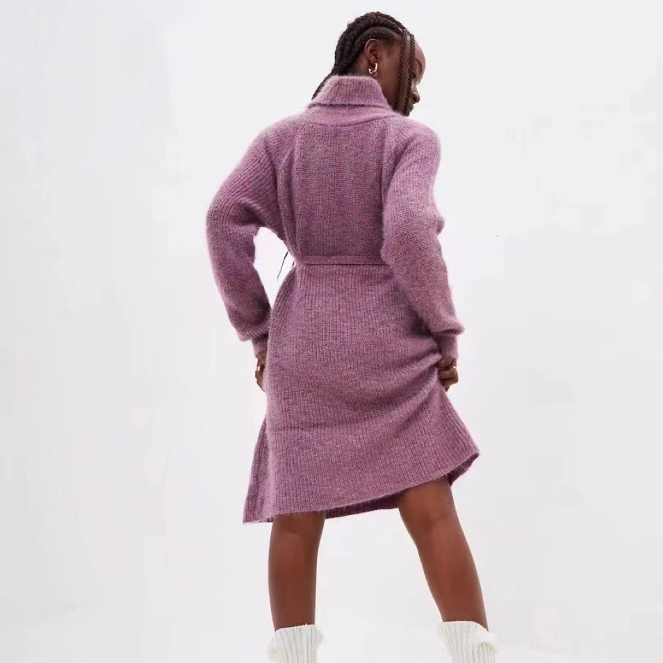 Women's mid to long length strap dress, solid color high neck pocket pullover knit sweater, women's 2024 autumn/winter new collection dongdu