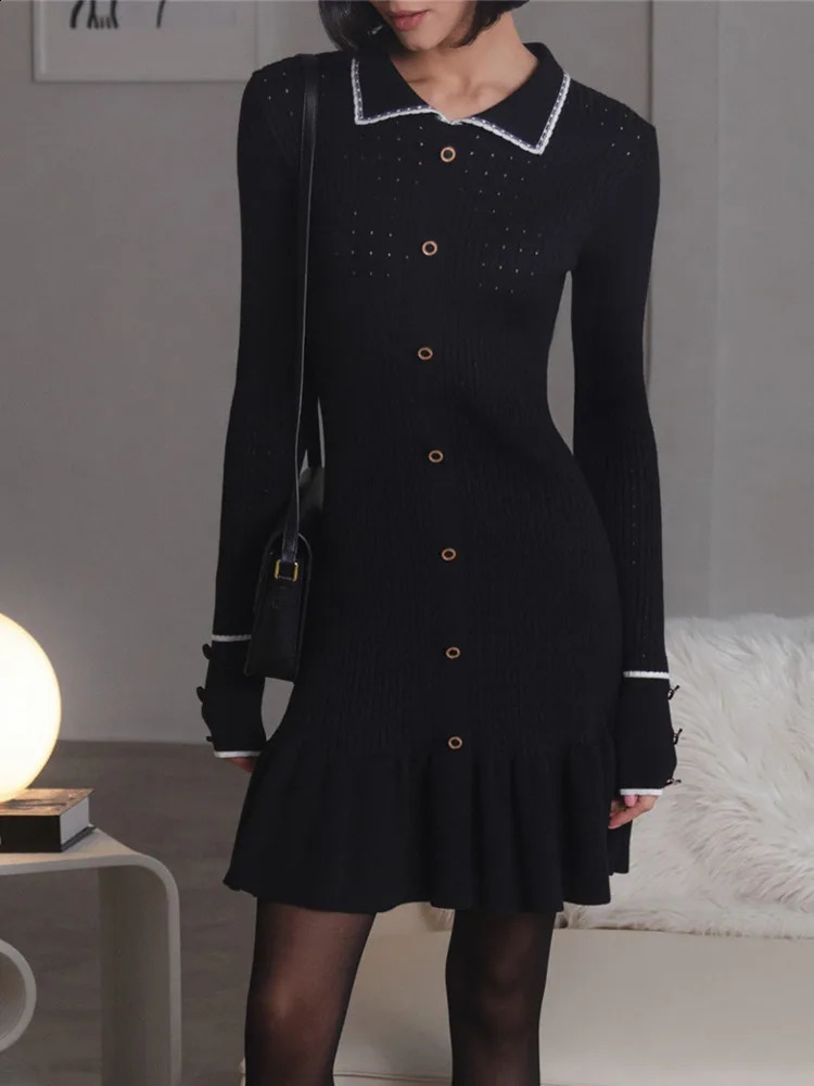 Mozision Autumn Long Sleeve Knit Dress For Women Fashion Lapel Single-btrasted Button High Waist Ruffled Mini Dress Knitwear 240819