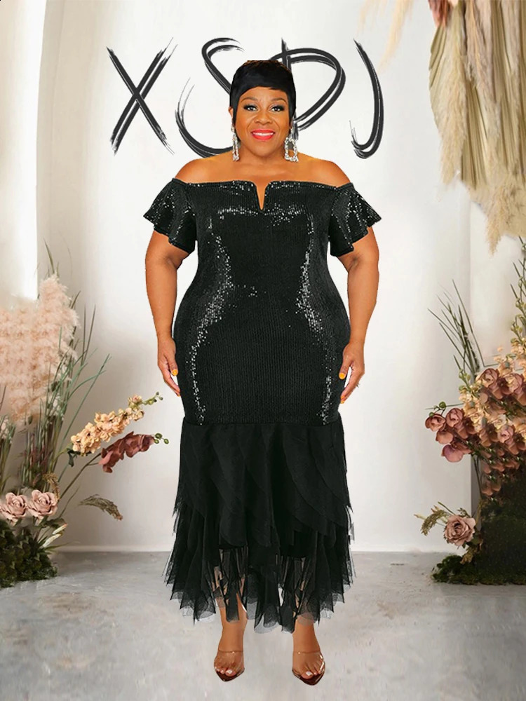 Elegant Dresses for Curvy Women for Evening Party Mesh Hem Black Sequin Dress Off The Shoulder Sexy Vintage Dress Plus Size 240810