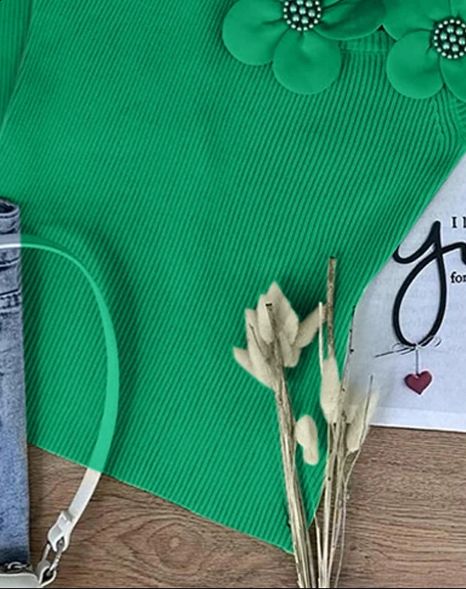 Womens 2024 Summer Fashion Flower Pattern Bead Decoration Casual UNeck Plain Sleeveless Tight Set Daily Knitted Tank Top 240809