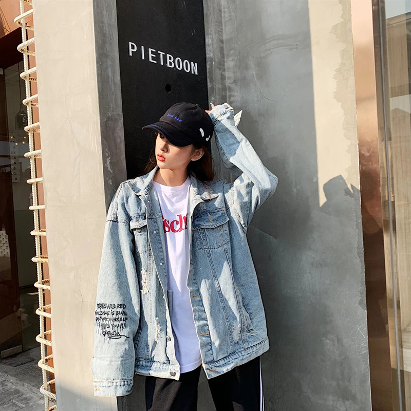 ABOORUN Mens Hip Hop Denim Jackets Fashion Graffiti Printed Denim Jackets Streetwear Oversize Coat for Male R1200 240810