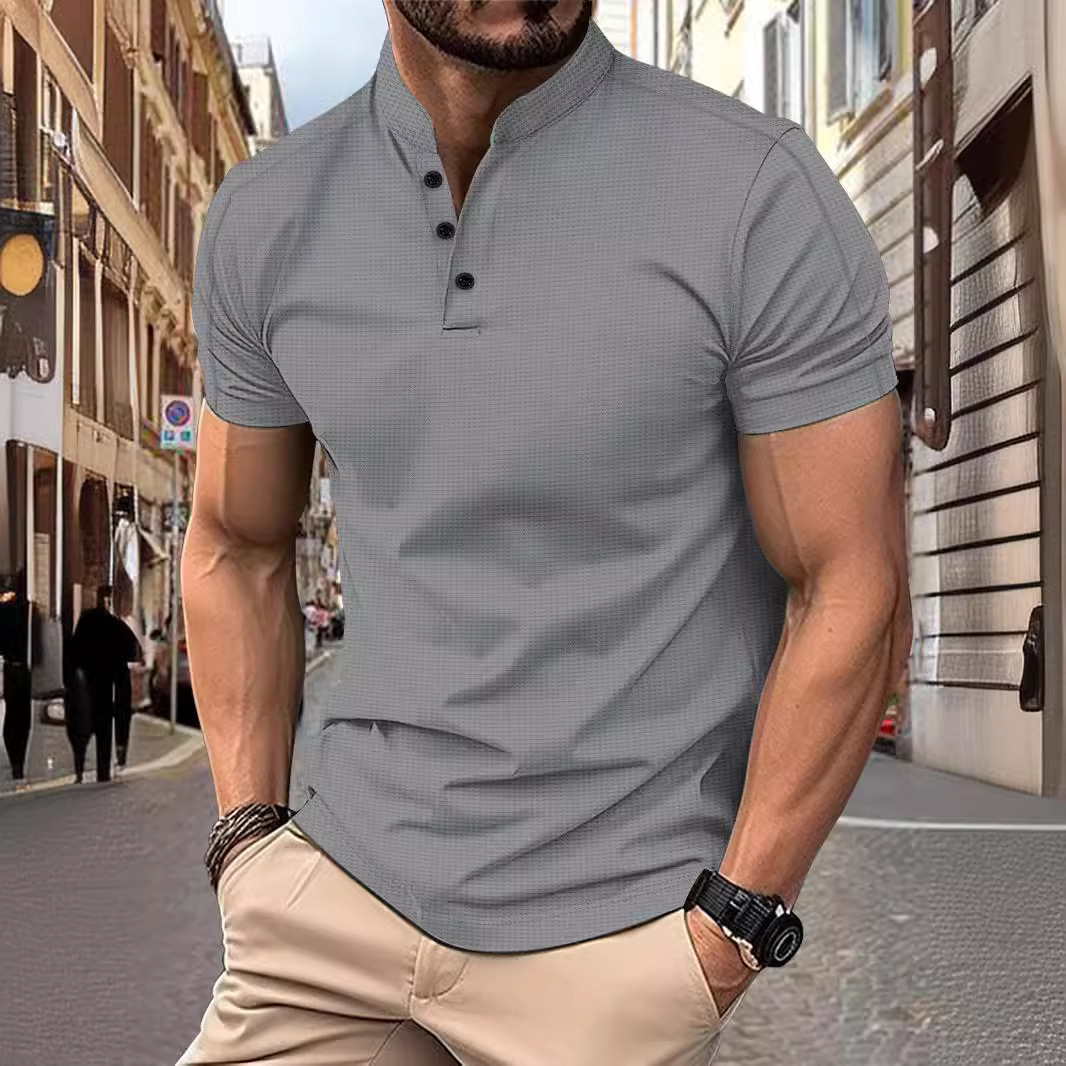 Mens Short Sleeved Stand Up Collar Waffle Henry Collar Casual Short Sleeved Polo Shirt