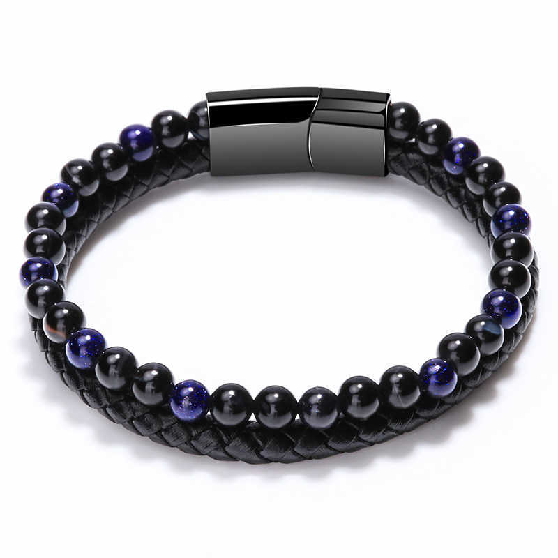 Charm Bracelets Volcanic tiger Eyes beaded natural stone bracelet men's cowhide rope bracelet string European and American style hand ornaments Y