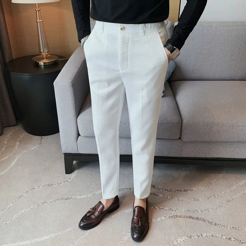 Suit Pants Autumn Winter Fashion Waffle Dress Pants For Men Clothing Business Casual Slim Fit Mens Formal Trousers High Quality 240810