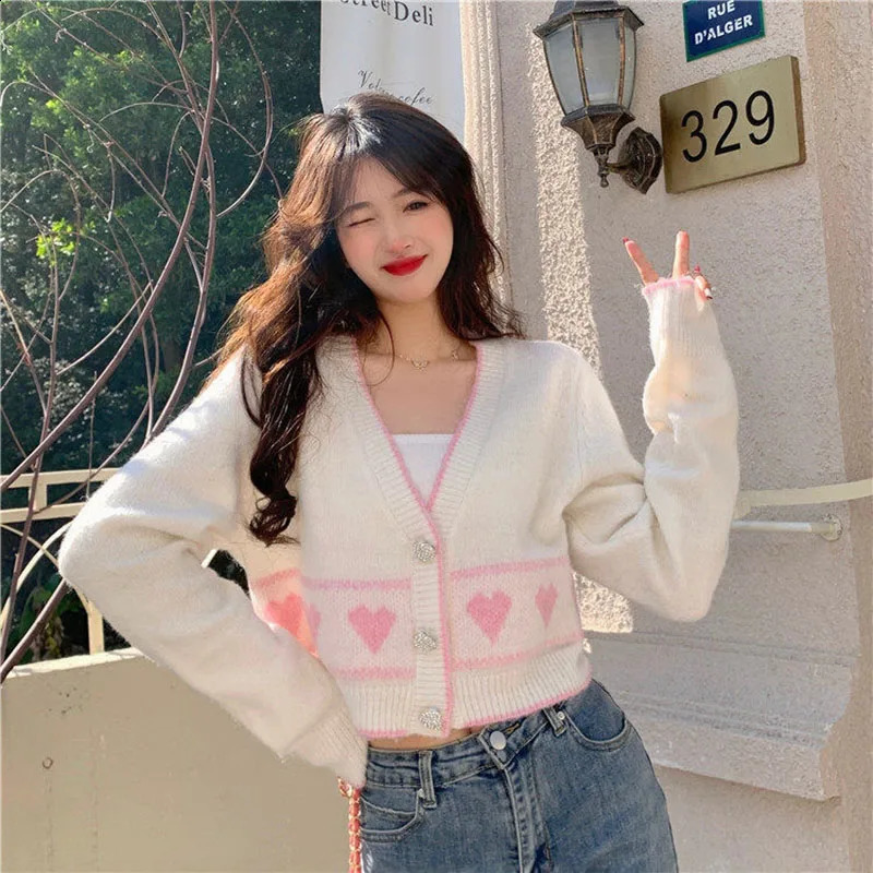 MEXZT Sweet Knitted Cardigan Women Korean Fashion Heart Button V Neck Print Sweater Coat Y2K Cute Loose Long Sleeve Crop Top 240809
