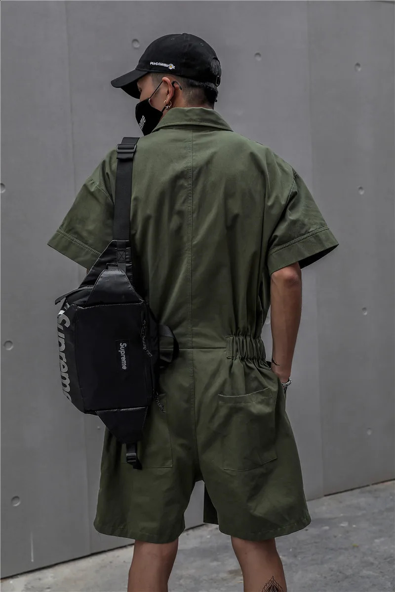 Houzhou Techwear mens short sleeved jumpsuit black bodysuit covering mens green mens Japanese streetwear summer pocket hip-hop240809 - view 4