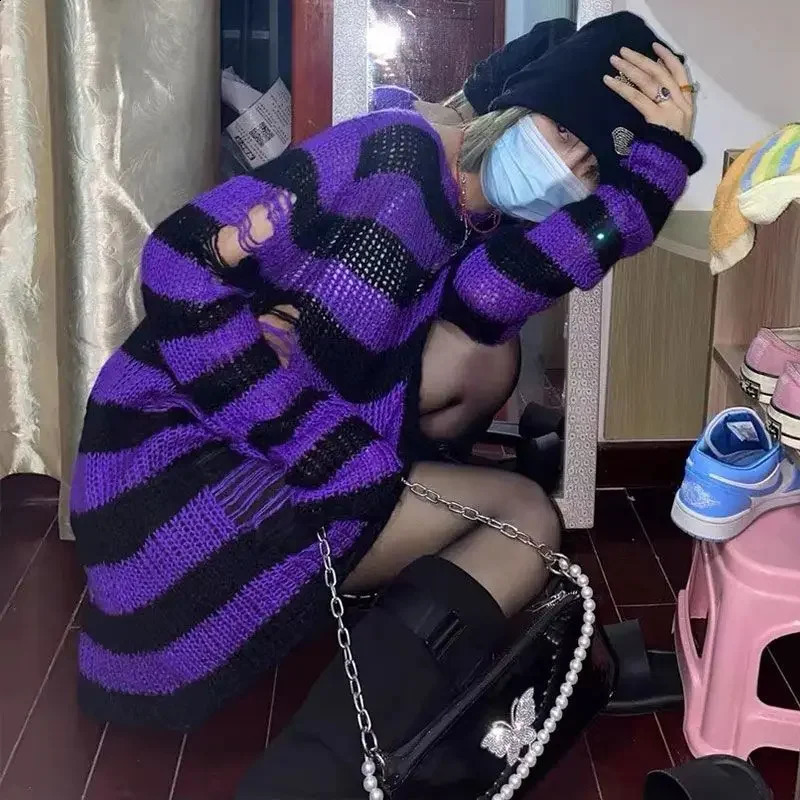 Over Size Grey Striped Gothic Lolita Sweaters Women Ripped Holes Loose Knitted Y2k Hollow Out Broken Emo Punk JK Girl Streetwear 240812