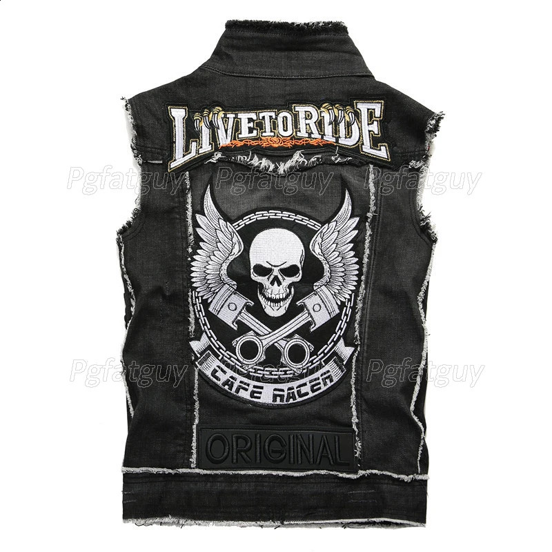 Black skull embroidery 2piece mens set fashion ultrathin denim vest and tear hole jeans casual 240809