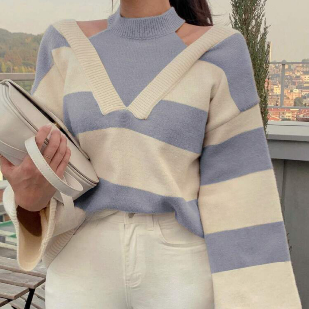 Striped soft sticky for women with a niche design, autumn and winter new loose off shoulder knitted sweater dongdumaoyi