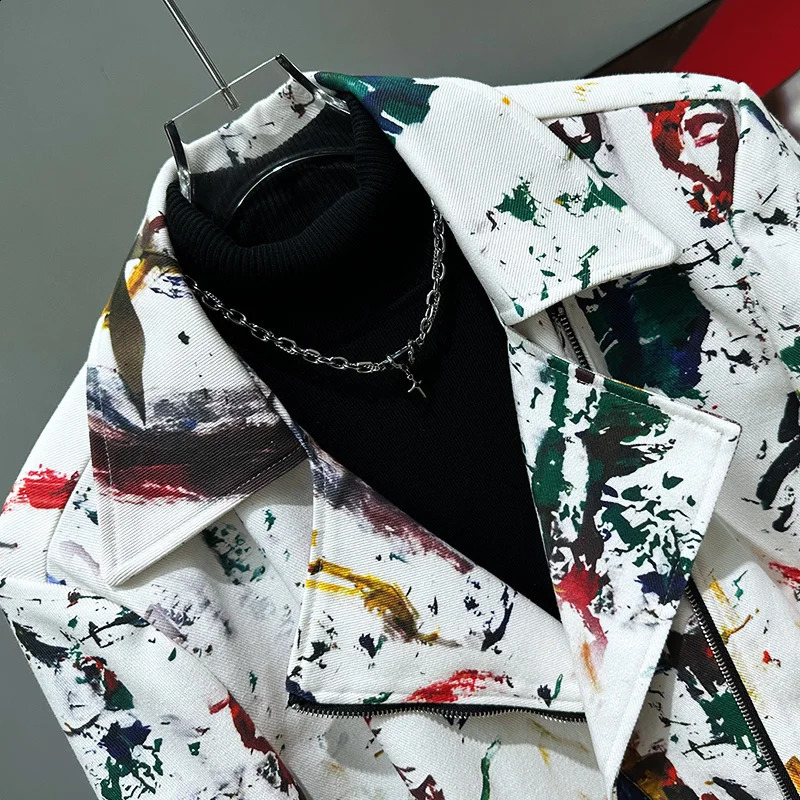 PFHQ Mens Graffiti Print Jackets Fashionable Splashing Ink Zipper Motorcycle Personality Advanced Cool Summer Male Coat 21Z4337 240810
