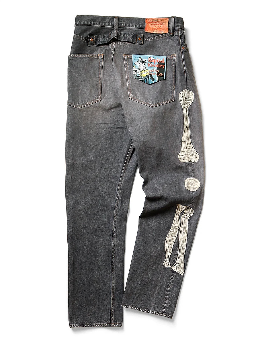 Trendy Harajuku Street Y2K Bone Embroidered Jeans Mens Loose Straight Pants Washed Gray Summer Hiphop Trousers 240810