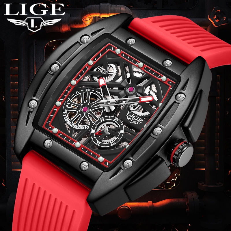 LIGE Men's Mechanical Watch Men's Classic traditional watch Quality silicone strap Men's casual waterproof watch Youth Fashion watch Student timer