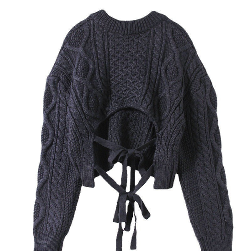 Sexy, lazy wind, autumn and winter, loose Fried Dough Twists bat sleeve, short v-neck, Korean pullover, bandage, thick pullover sweater, female dongdu