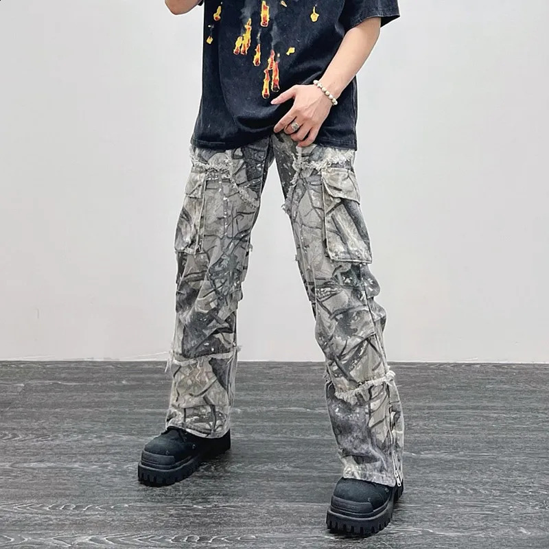 Overalls Camouflage Y2K Fashion Baggy Flare Jeans Cargo Pants Men Clothing Straight Women Wide Leg Long Trousers Pantalones 240809