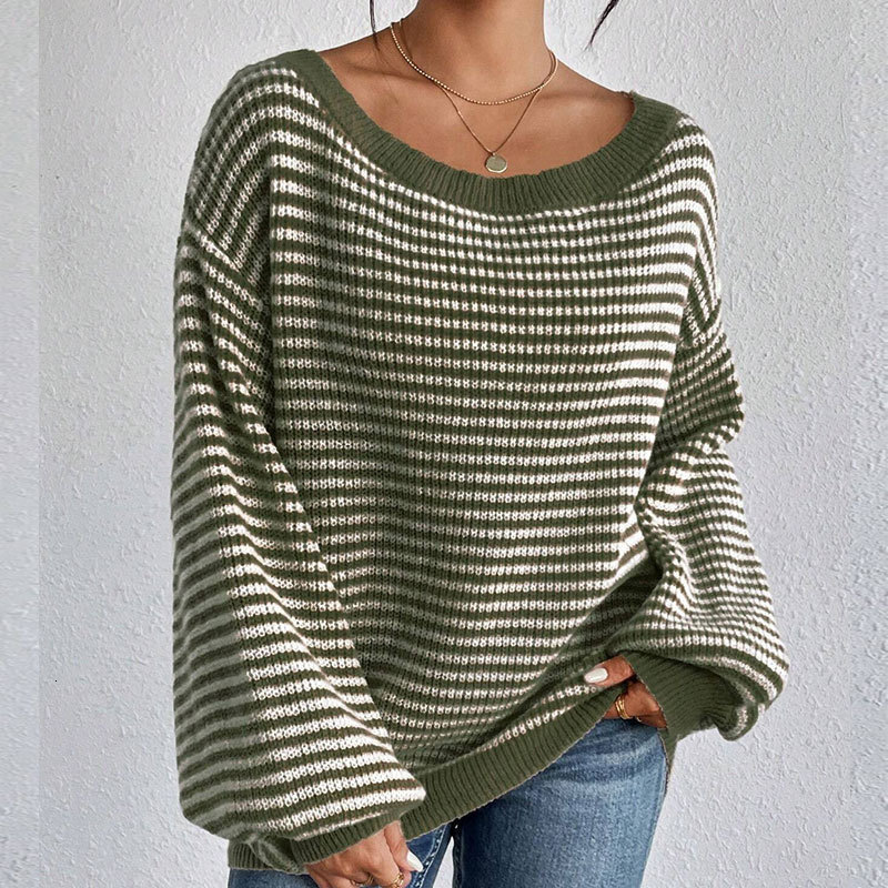 Autumn and Winter New Loose One Shoulder Off Shoulder Knitted Sweater with Lantern Sleeves and Striped Sweater for Women