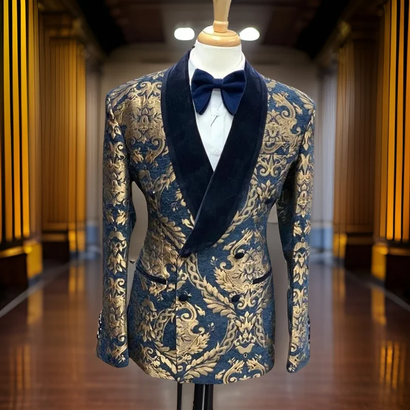 Floral Slim Fit Blazer for Men Suit 1 Pc Smoking Wedding Jacket with Velvet Shawl Lapel Double Breasted Male Fashion Coat 2024