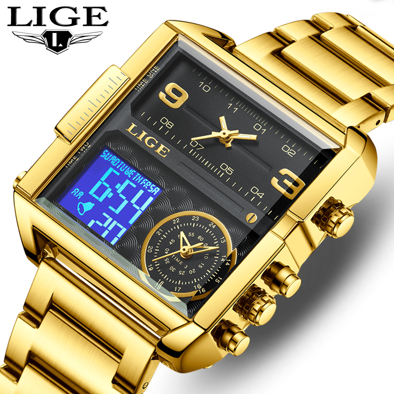 LIGE Men's Stainless Steel Strip Electronic Watch Multi functional Waterproof Alarm Clock Timing Code Sports Watch