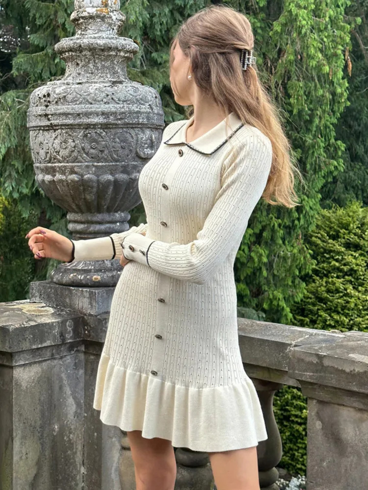 Mozision Autumn Long Sleeve Knit Dress For Women Fashion Lapel Single-btrasted Button High Waist Ruffled Mini Dress Knitwear 240819