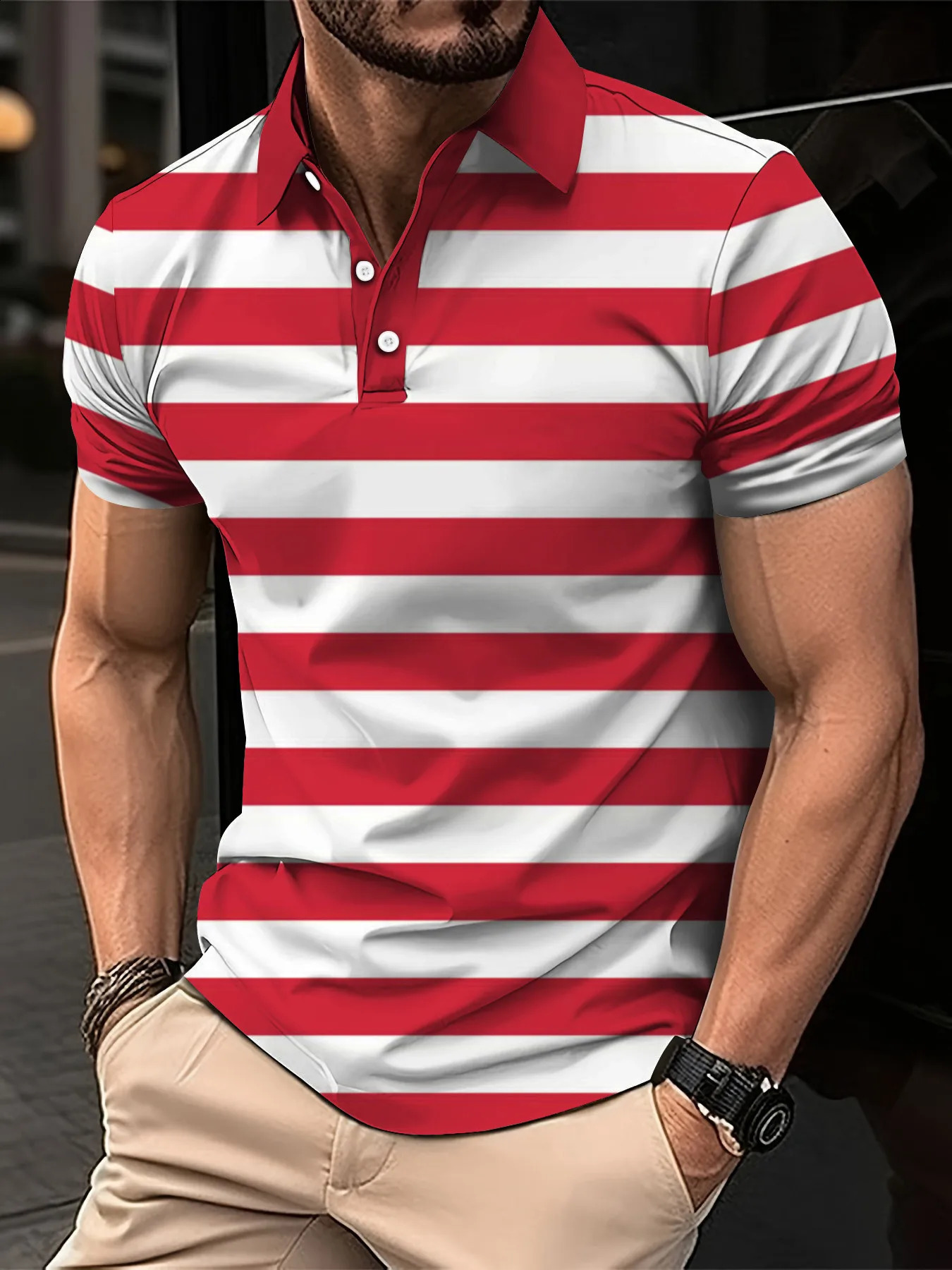 2024 Mens Summer Short Clothes Sleeved Lapel 3D Digital Printed Striped Polo Shirt Mens Business Casual Top Clothes 240810