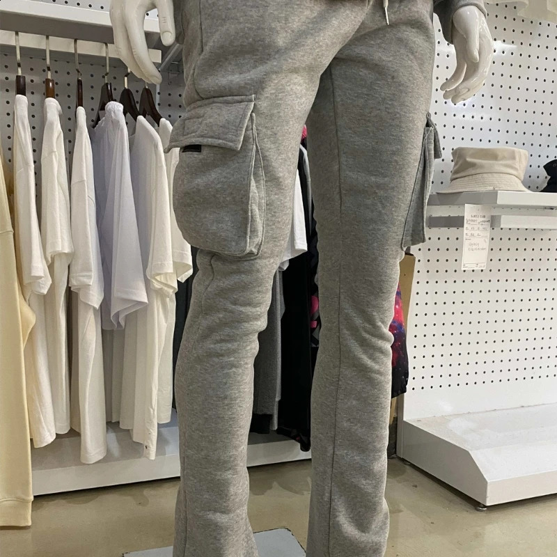 Mens Drawstring Waist Jogger Pants Solid Color Pile Up Stacked Cargo Pants Workout Running Sweatpants with Multi Pockets 240819
