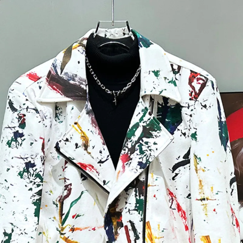 PFHQ Mens Graffiti Print Jackets Fashionable Splashing Ink Zipper Motorcycle Personality Advanced Cool Summer Male Coat 21Z4337 240810