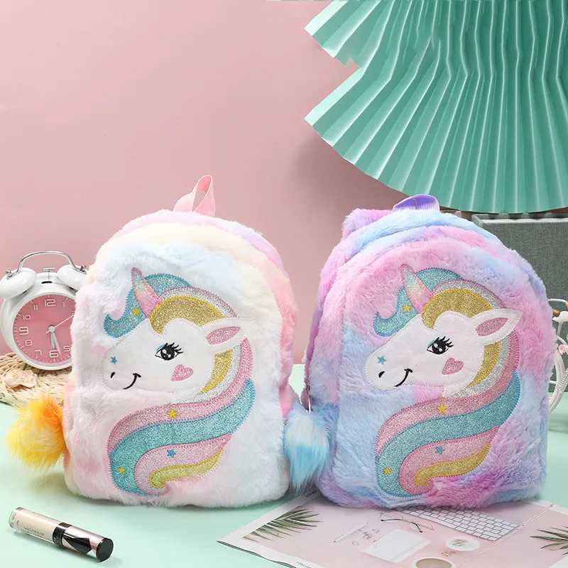 Kids Girls Plush Backpack Cute Cartoon Unicorn Animal Pattern School Bag Lightweight Plush Daypack Shoulder Bags For Girls 2023 Y240809
