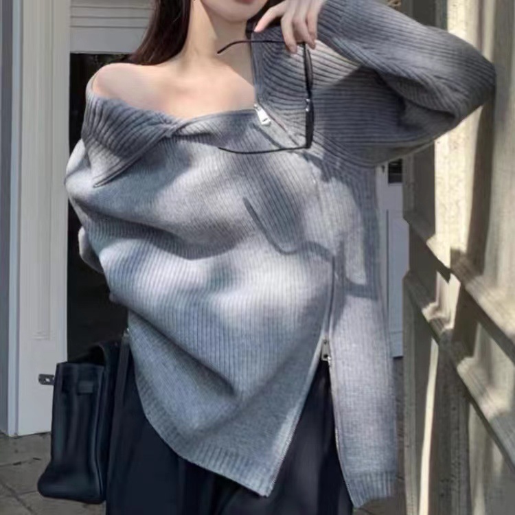 2024 Autumn/Winter Women's New Loose Medium Long Style Lazy Wind Side Zipper Collar Knitted Sweater Women dongdumaoyi