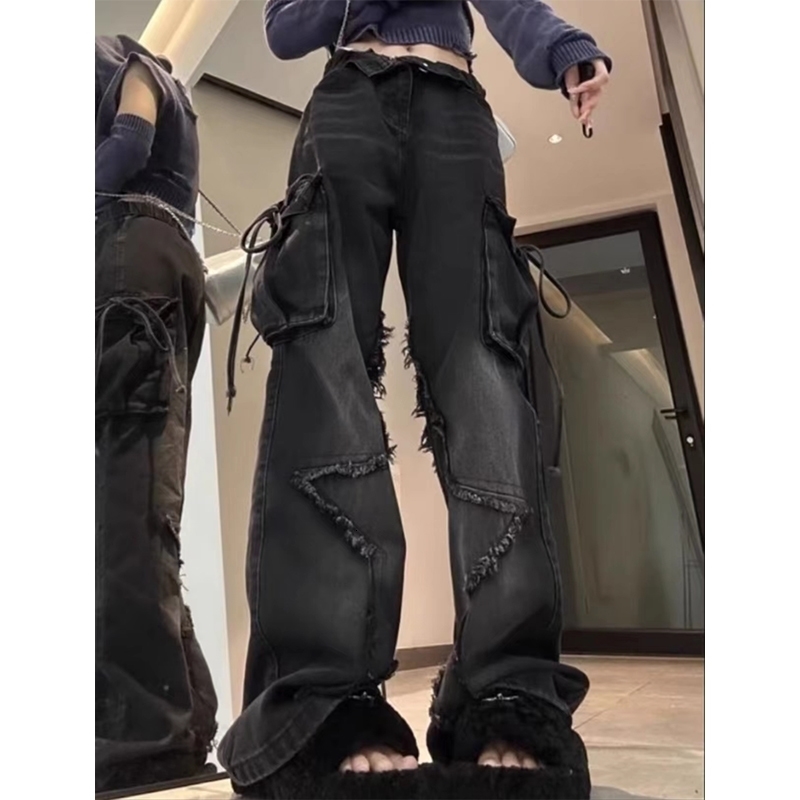Womens Black Gothic Baggy Cargo Jeans with Star Haruku Y2k 90s Aesthetic Denim Trousers Emo 2000s Jean Pants Vintage Clothes 240806CJ