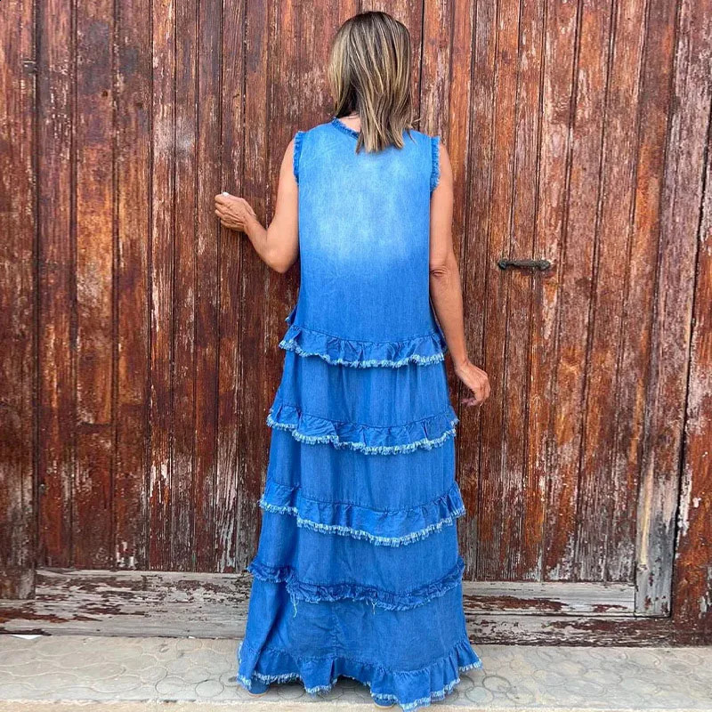 Summer Patchwork V-neck Denim Pullover Dress Elegant Women Layered Ruffle Party Dress Retro Sleeveless Jeans Long Dress 240810