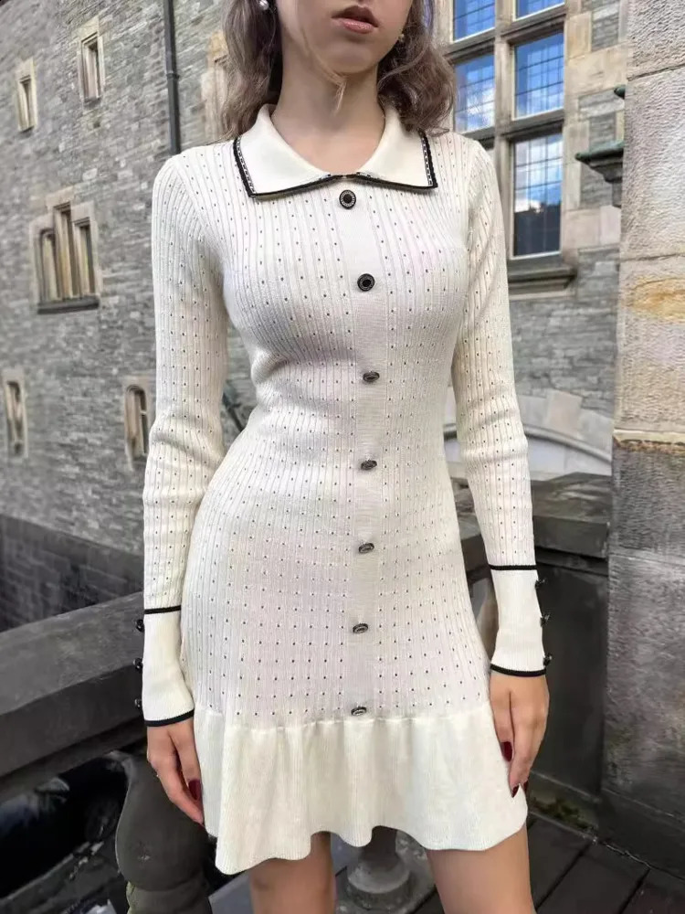 Mozision Autumn Long Sleeve Knit Dress For Women Fashion Lapel Single-btrasted Button High Waist Ruffled Mini Dress Knitwear 240819