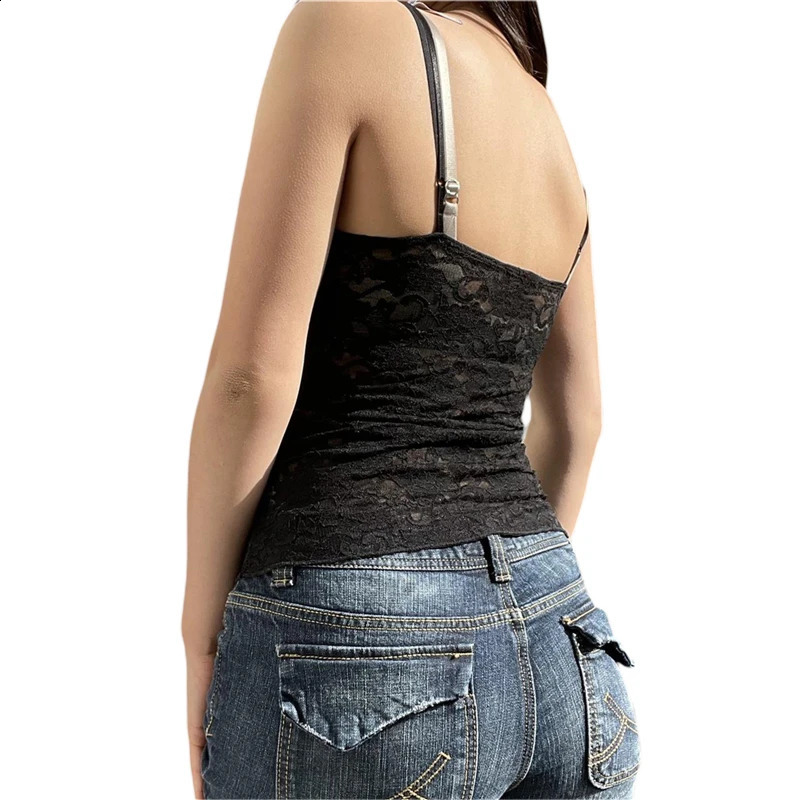 Xingqing Fairycore y2k lace Cami 2000s Aesthetic womens black Vneck spaghetti strap sleeveless vest Kawaii streetwear 240809