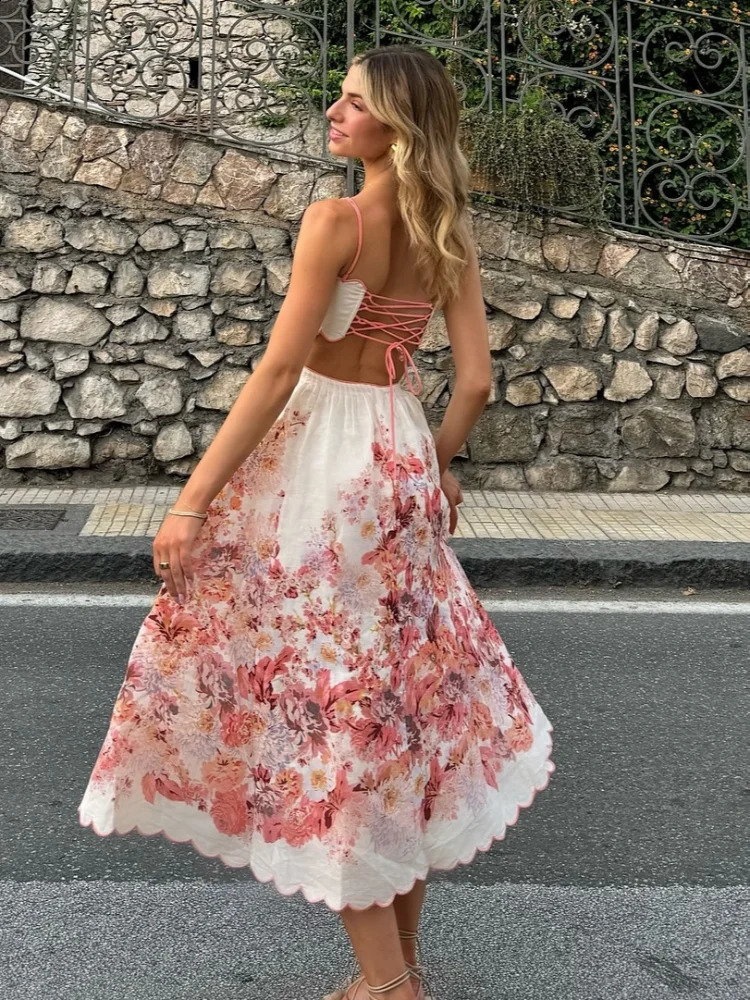 Elegant Print Hollow Out Sling Long Dress Women Sexy Sleeveless Backless Bandage Female Dresses Summer Lady Holiday Robes 240810