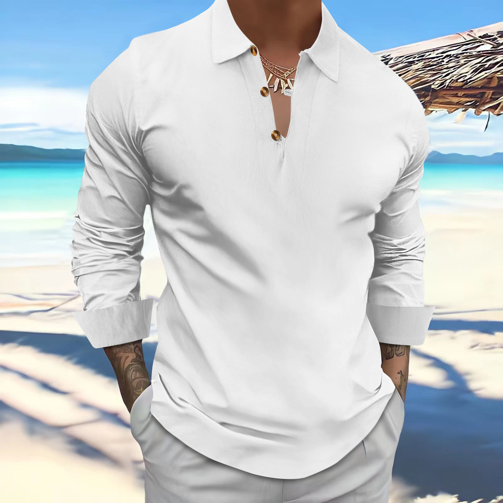 Spring and Summer Mens Long Sleeved Cotton and Linen Lapel Button Casual Polo Shirt