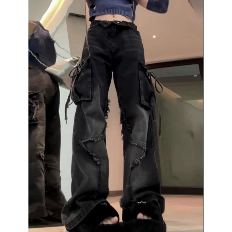 Womens Black Gothic Baggy Cargo Jeans with Star Haruku Y2k 90s Aesthetic Denim Trousers Emo 2000s Jean Pants Vintage Clothes 240806CJ