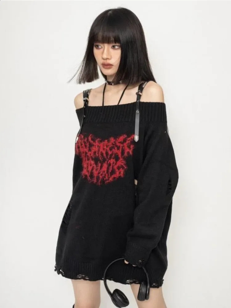 Grunge Y2k Sweater Knitwear Women Japanese Style Gothic Off Shoulder Long Sleeve Ripped Jumper Harajuku Goth Streetwear 240809