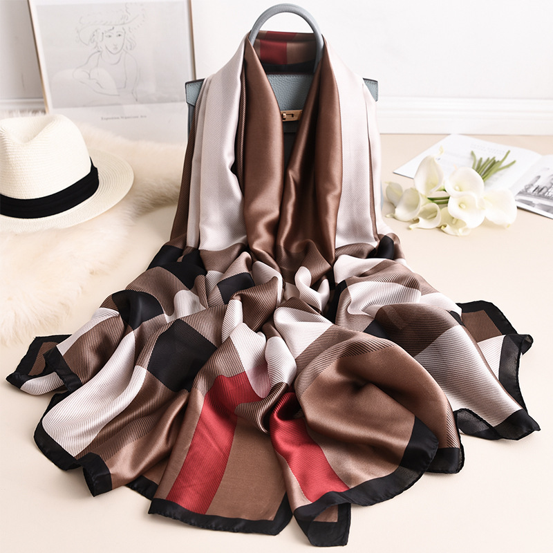 Designer Brand Women Silk Scarf Plaid Long Scarves Beach Pareo Stole Foulard Femme Bandana Hijab Lady Shawls and Wraps