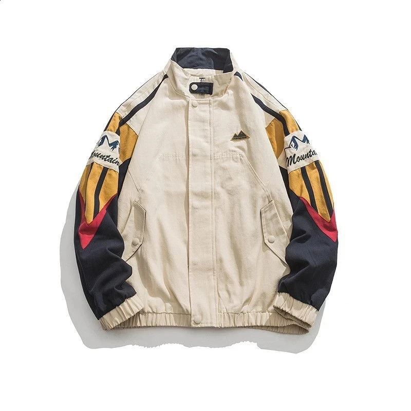 American Stand Collar Coat Men Autumn Harajuku High Street Colorful Punching Jacket Unisex Oversize Patchwork Baseball Uniform 240810