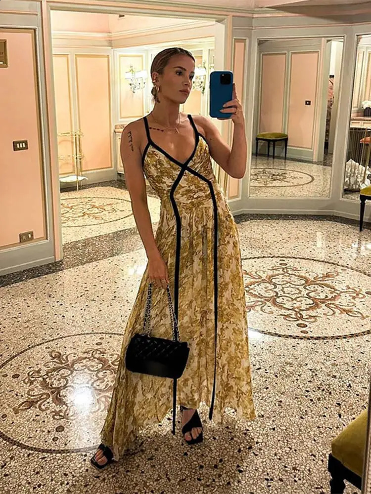 Women Sexy Print Patchwork Sling Dress Fashion V-neck Backless Sleeveless Maxi Dresses Summer Lady Party A-line Robes 240810
